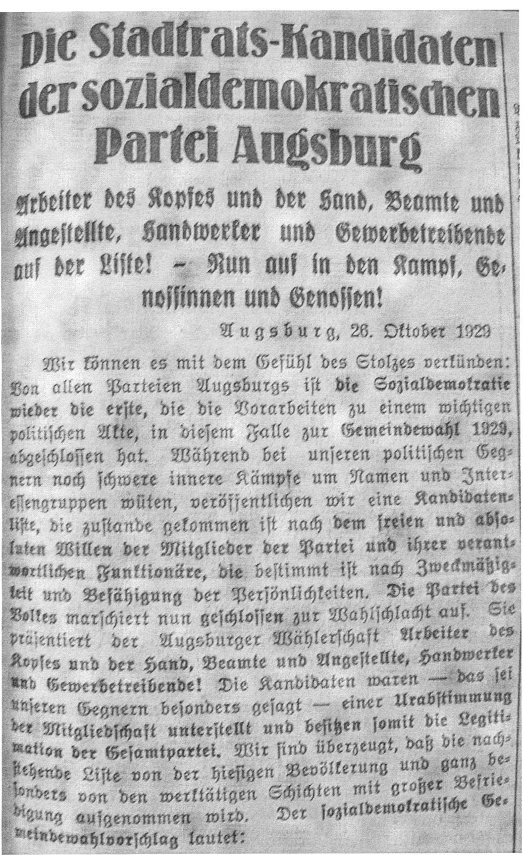 Die Stadtrats-Kandidaten der SPD in Augsburg am 28.10.1929